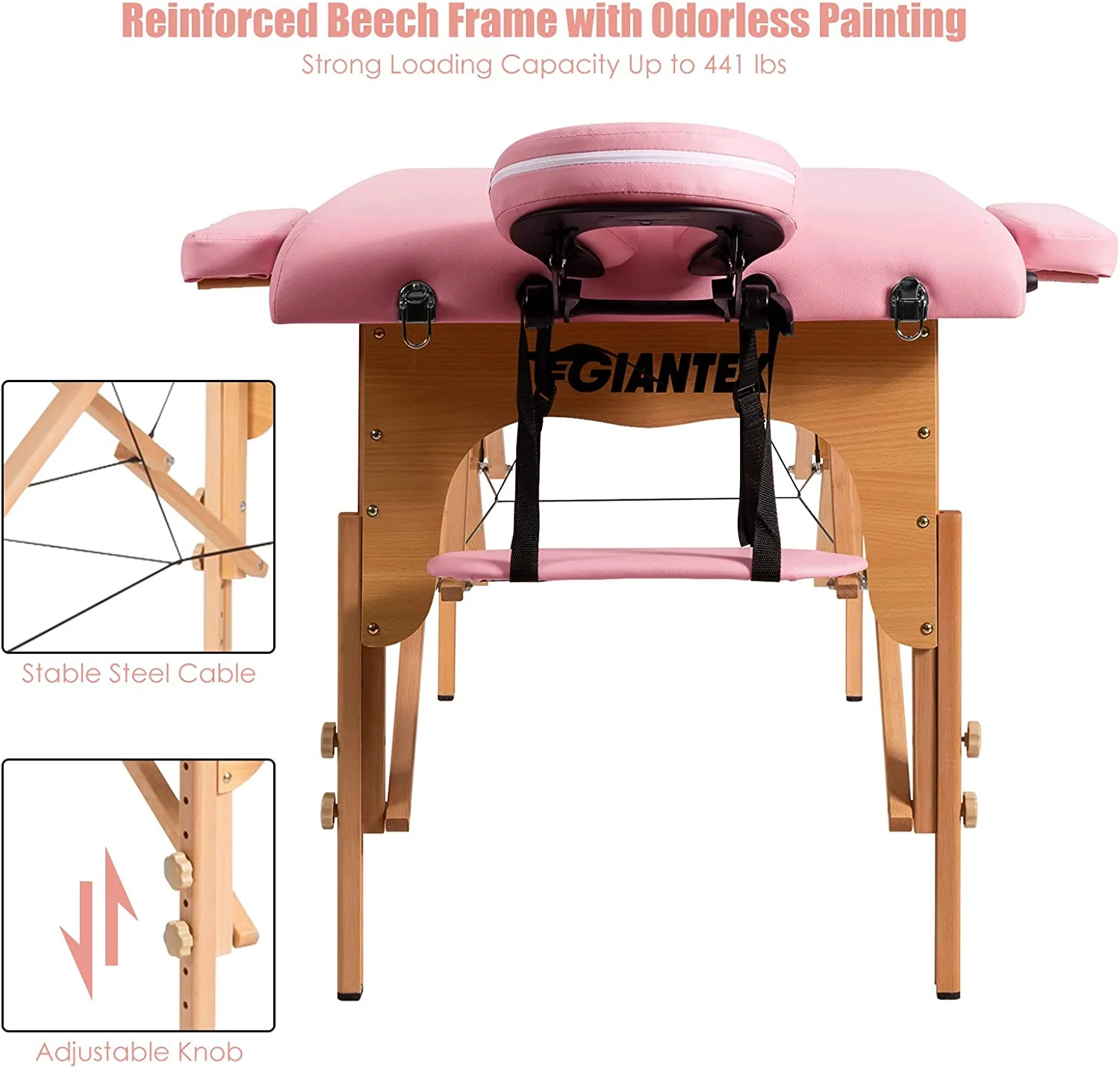 Portable Massage Table Lash Bed, 2 Fold Massage Bed Spa Bed Height Adjustable w/Face Cradle & Carry Case, Professional Facial Salon Tattoo Table for Spa Beauty Salon Home Use (Pink)