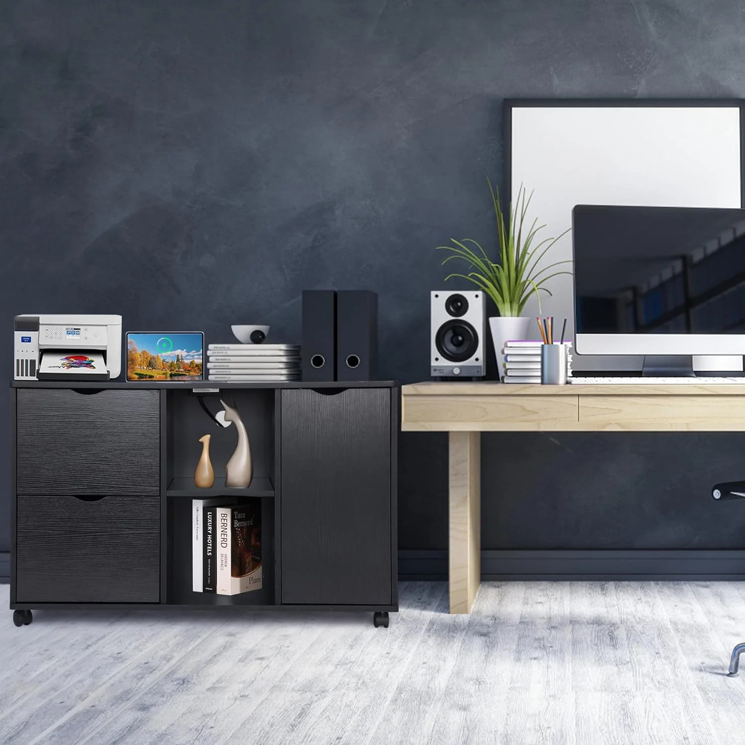 Large File Cabinet, Mobile Lateral Filing Cabinet with Charging Station for Home Office, Wood Printer Stand with Storage Drawers, Fits Letter/Legal/A4 Size File, Black