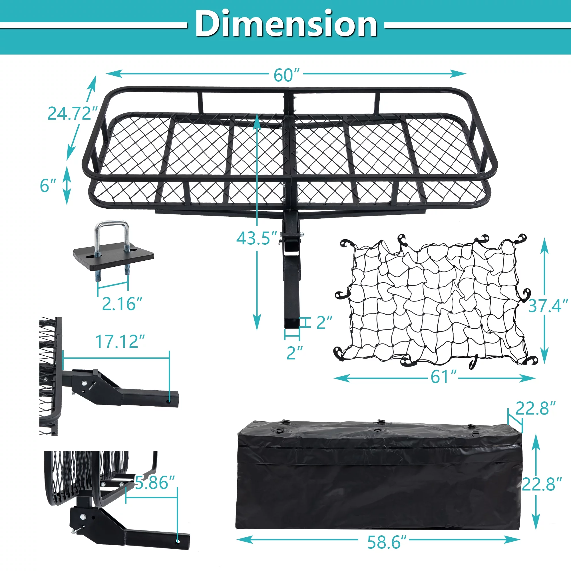 Aukfa Folding Hitch Cargo Carrier Hitch Rack Basket w/ Net,Weight Capacity 500 Lbs,Black