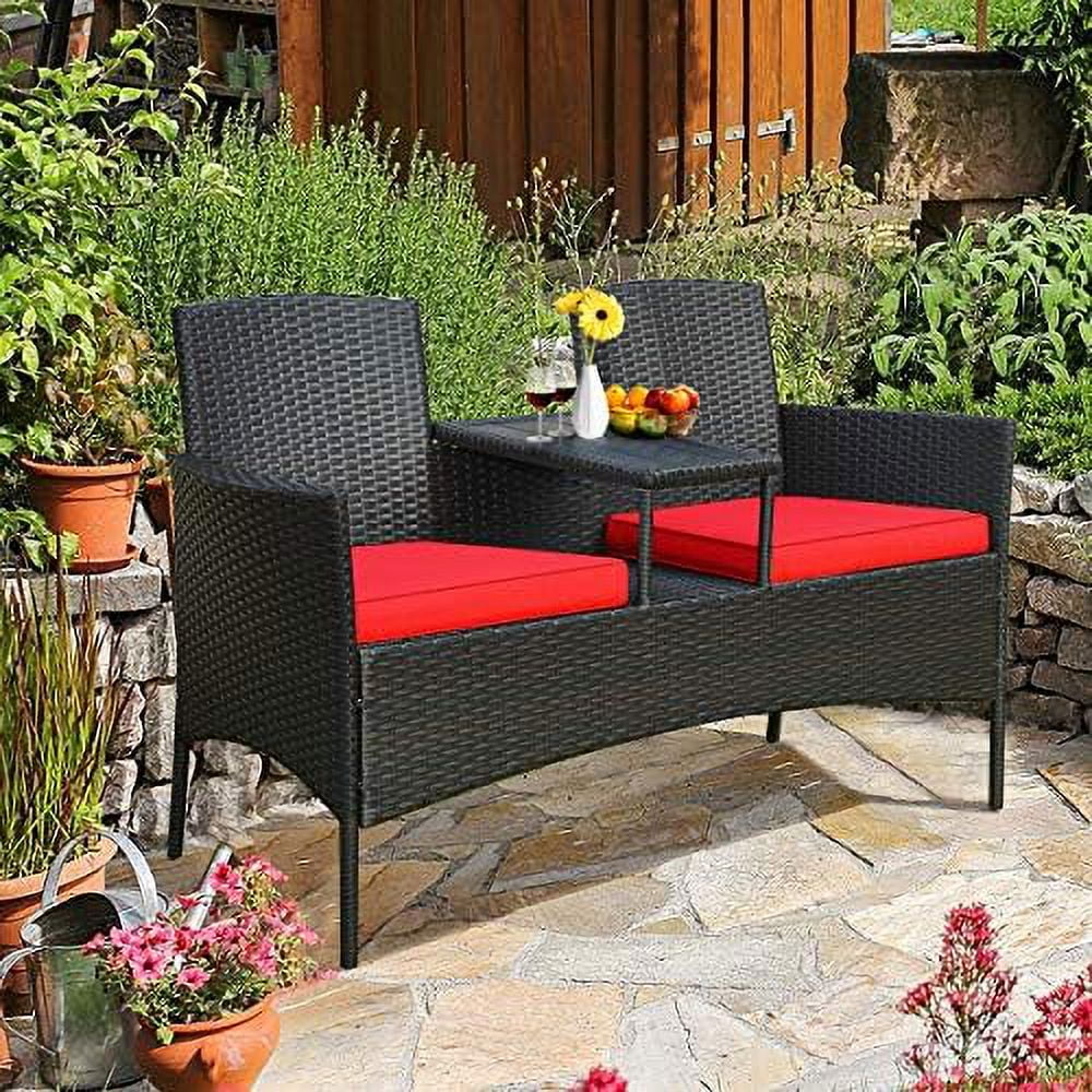 ZFGSUIJN Outdoor Patio Loveseat  Wicker Conversation Set with Cushions and Built-in Coffee Table  2 Person Rattan Seating for Garden Lawn Backyard  Dark Brown+Red