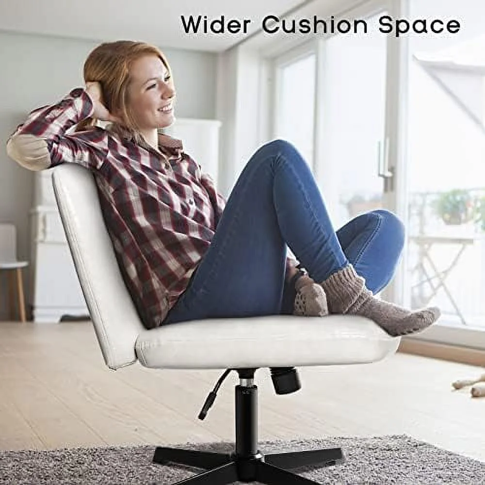 GVJMTKP Armless Desk Chair No Wheels with Ottoman&Lumbar Support PU Leather Padded Modern Swivel Home Office Chair Height Adjustable Wide Seat Cross Legged Computer Task Chair for Liv