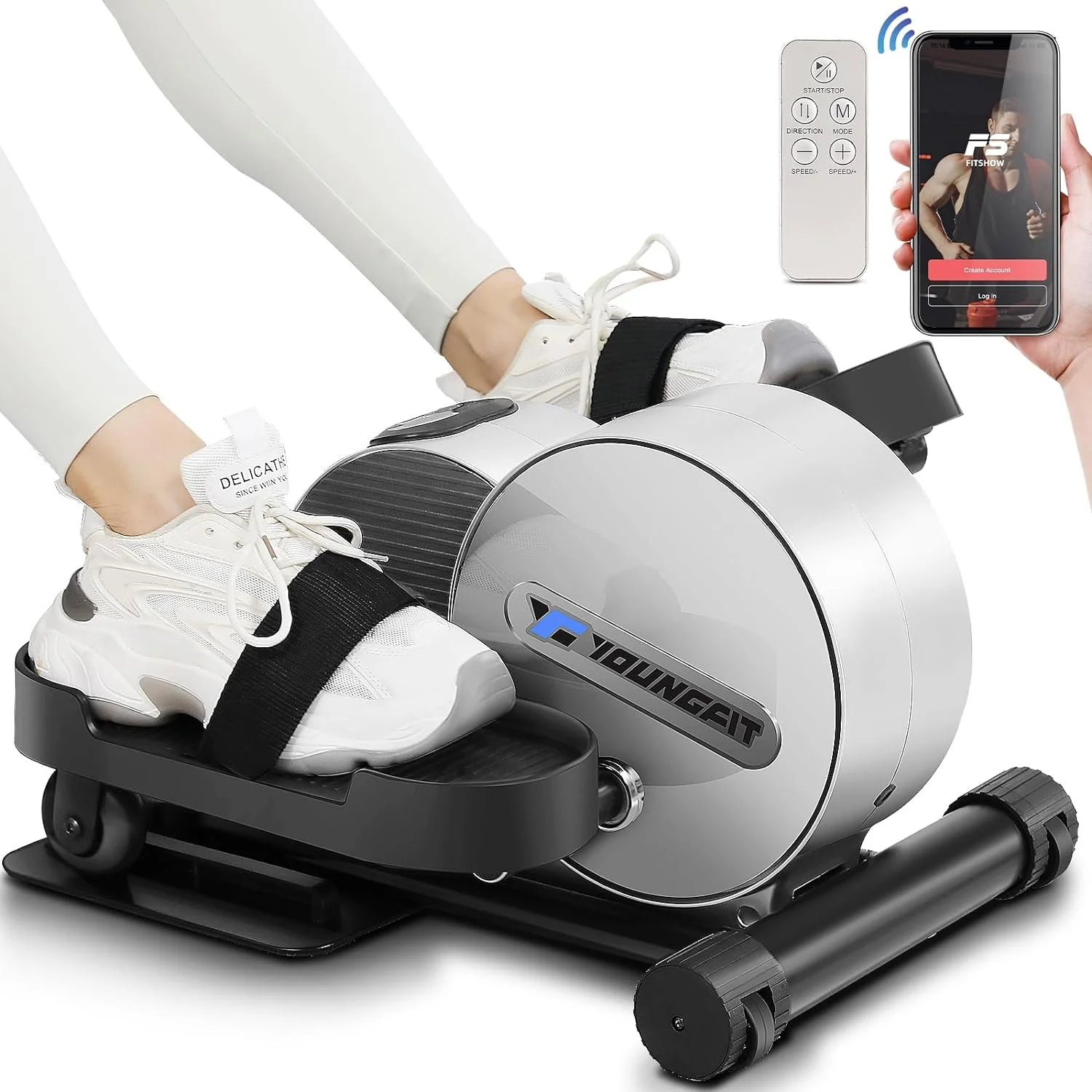 HYUN Under Desk Elliptical, Electric Seated Foot Pedal Exerciser with Fitness APP, Mini Elliptical for Home, LCD Display Monitor, Remote Control, Leg Exerciser for Seniors (Training Silver)