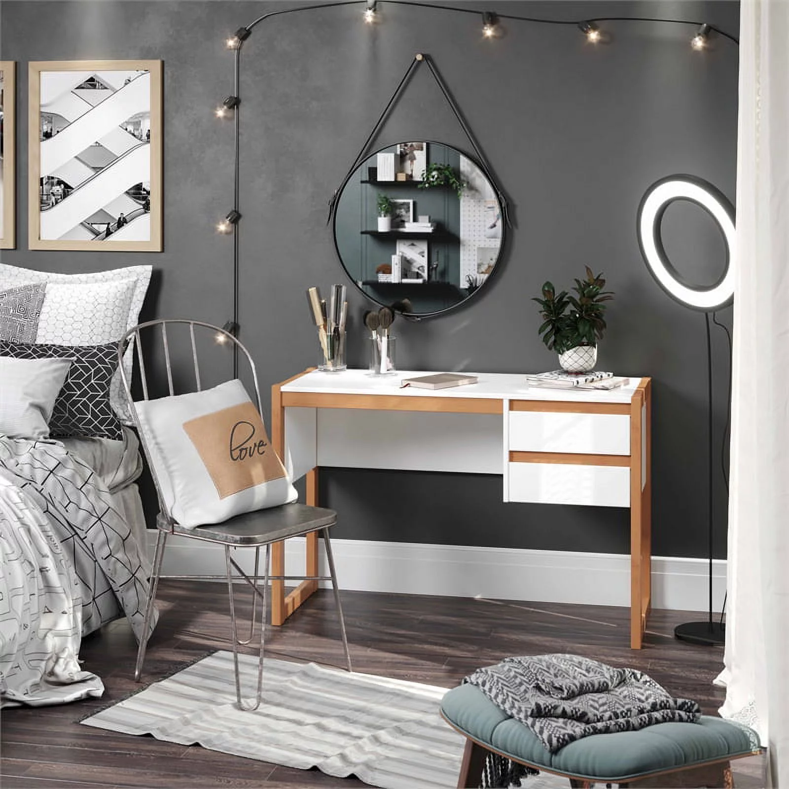 Linon Brock Wood Two Drawer Desk in White and Natural