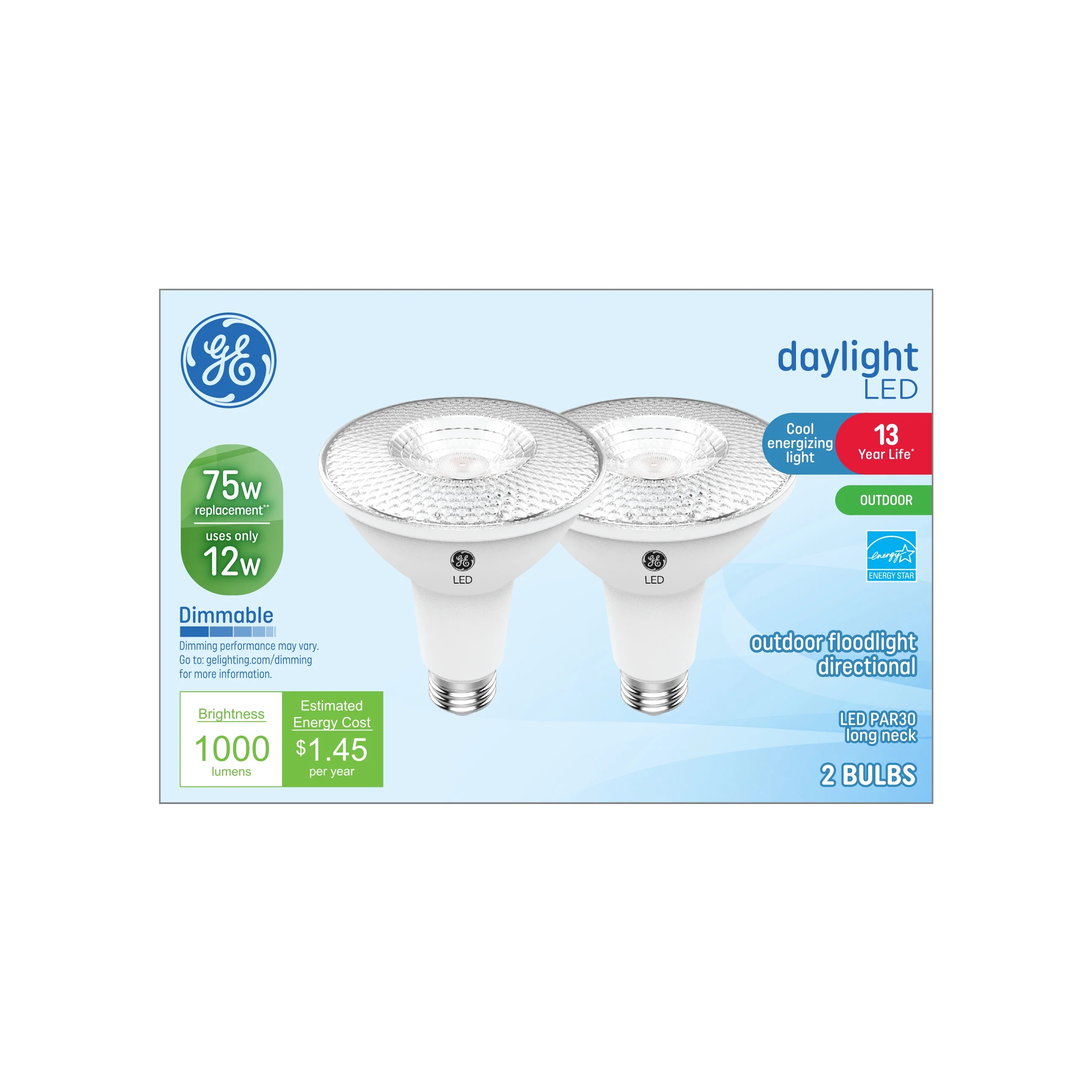 GE LED 12W (75W Replacement) Daylight PAR30L Long NeckFlood Light Bulbs, Medium Base, 13 Yearl Life, 2pk