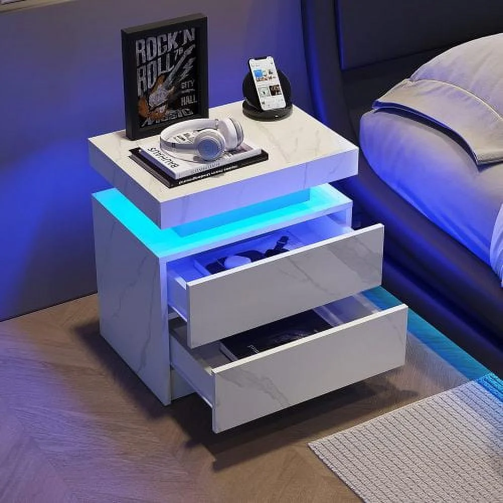 DremFaryoyo Nightstand LED Bedside Table Cabinet Lights Modern End Side with 2 Drawers for Bedroom (White Stone)
