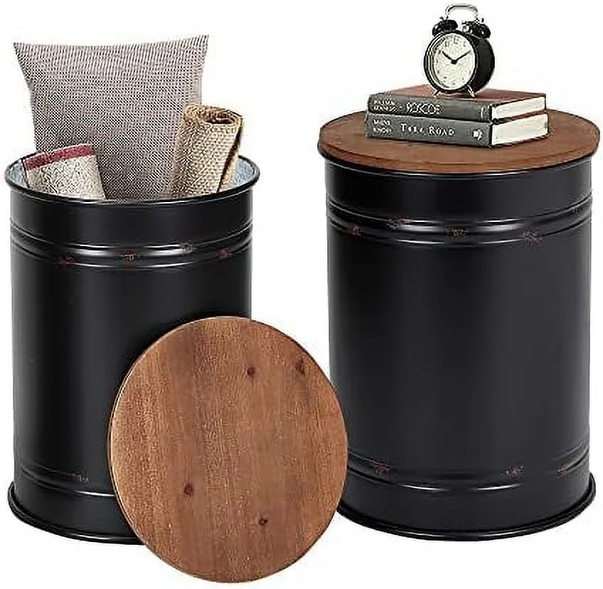 ZWNLKQG Farmhouse Accent   Rustic  Ottoman Seat Stool  Galvanized Antique Metal End Table Box Bin with Round Wood Lid  Coffee or Cocktail Table  Nesting Pieces Two (White Distressed)