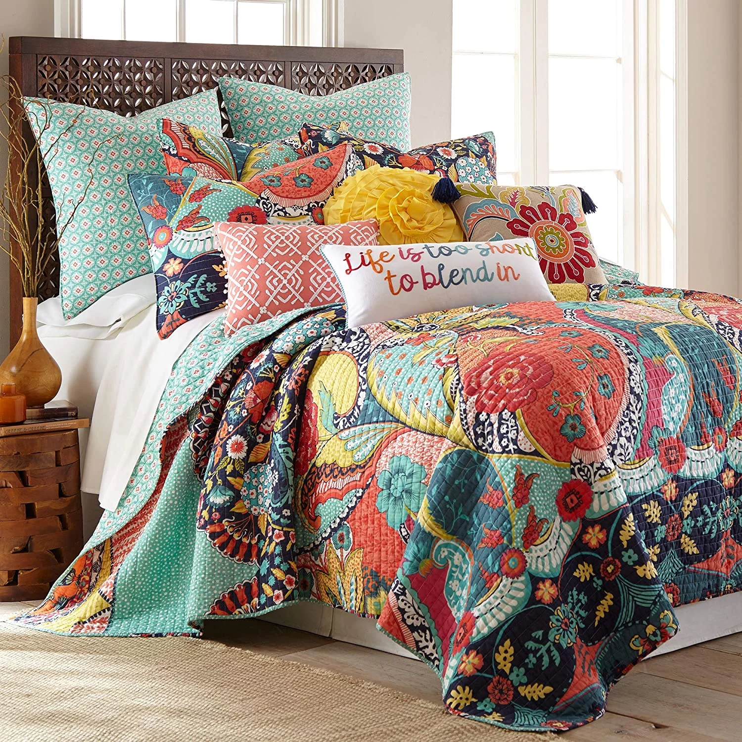 Jules Quilt Set  King/Cal King Quilt (106X92in.) + Two King Pillow Shams (36X20in.)  Bohemian  Teal, Orange, Yellow, Green, Blue, Red, Navy  Reversible  Cotton Fabric