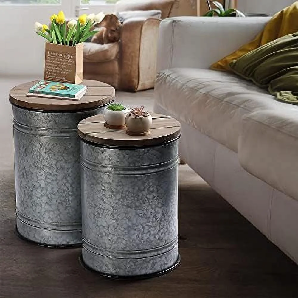 WTYNKAE Rustic  Ottoman Seat Stool  Farmhouse Accent   Antique Galvanized Metal End Table Box Bin with Round Wooden Lid  (Stand Galvanized)