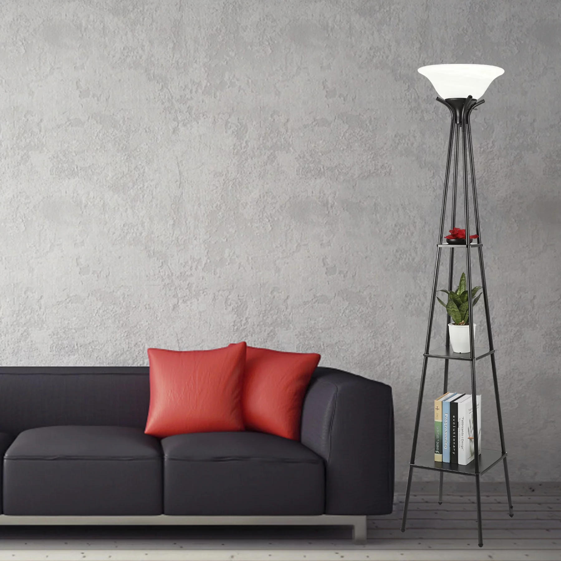 3-Layer Etagere Home Office Storage Light Decor Furniture Charcoal Finish Alabaster White Glass Shade with 9W LED Bulb &Metal Base