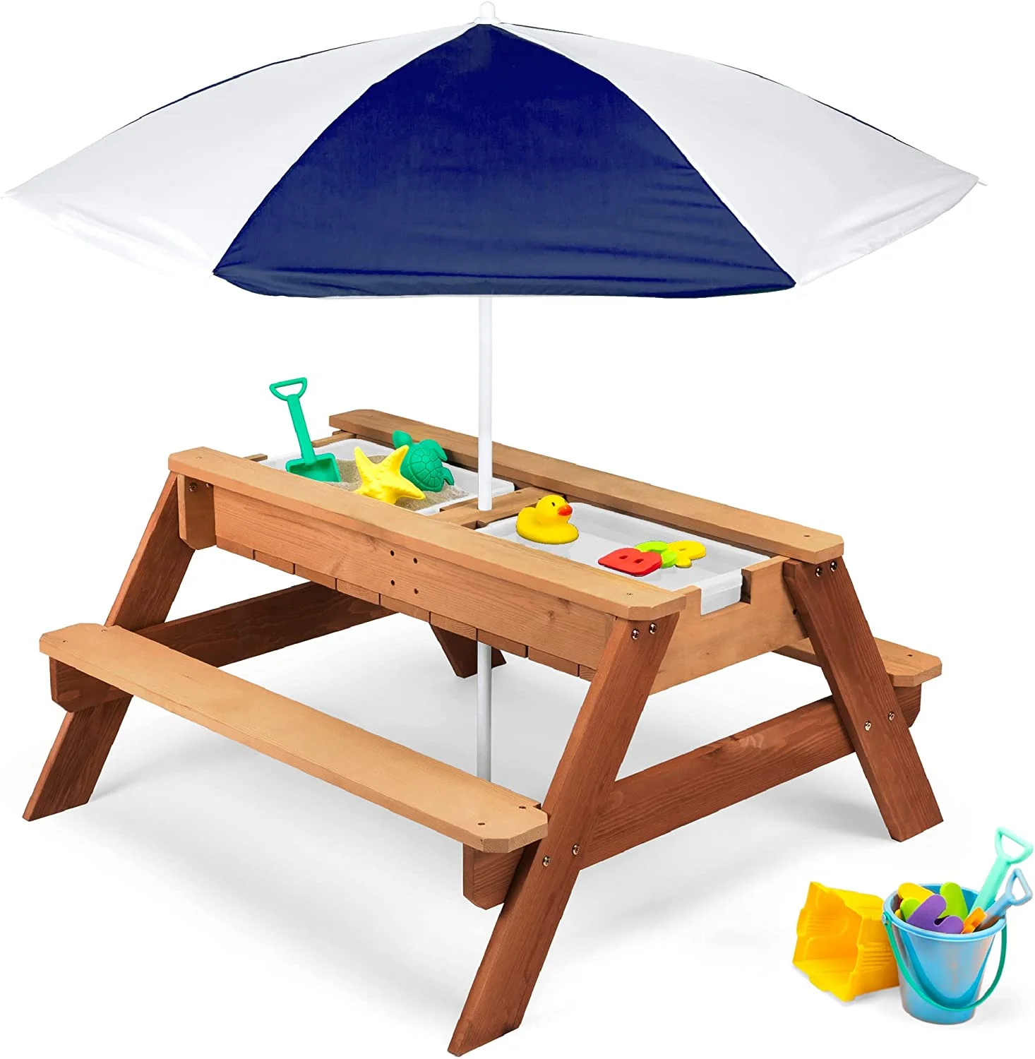 Kids 3-in-1 Sand & Water Activity Table, Wood Outdoor Convertible Picnic Table w/ Umbrella, 2 Play Boxes, Removable Top - Navy