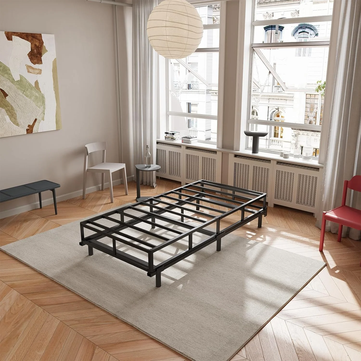 HYUN Twin Box Spring，5 Inch Low Profile Metal Boxspring with Non-Slip Fabric Bed Cover, Sturdy Heavy Duty Steel Structure Bed Base, Noise-Free Mattress Foundation, Easy Assembly，Black