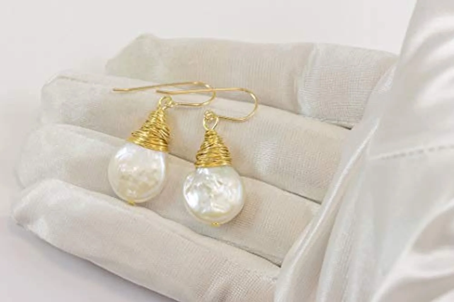 14k Gold Filled White Freshwater Cultured Pearl Earrings Large Messy Goldtone Wire Wrapped Off Round Button Dangles Designed for Adult Women and Teen Girls