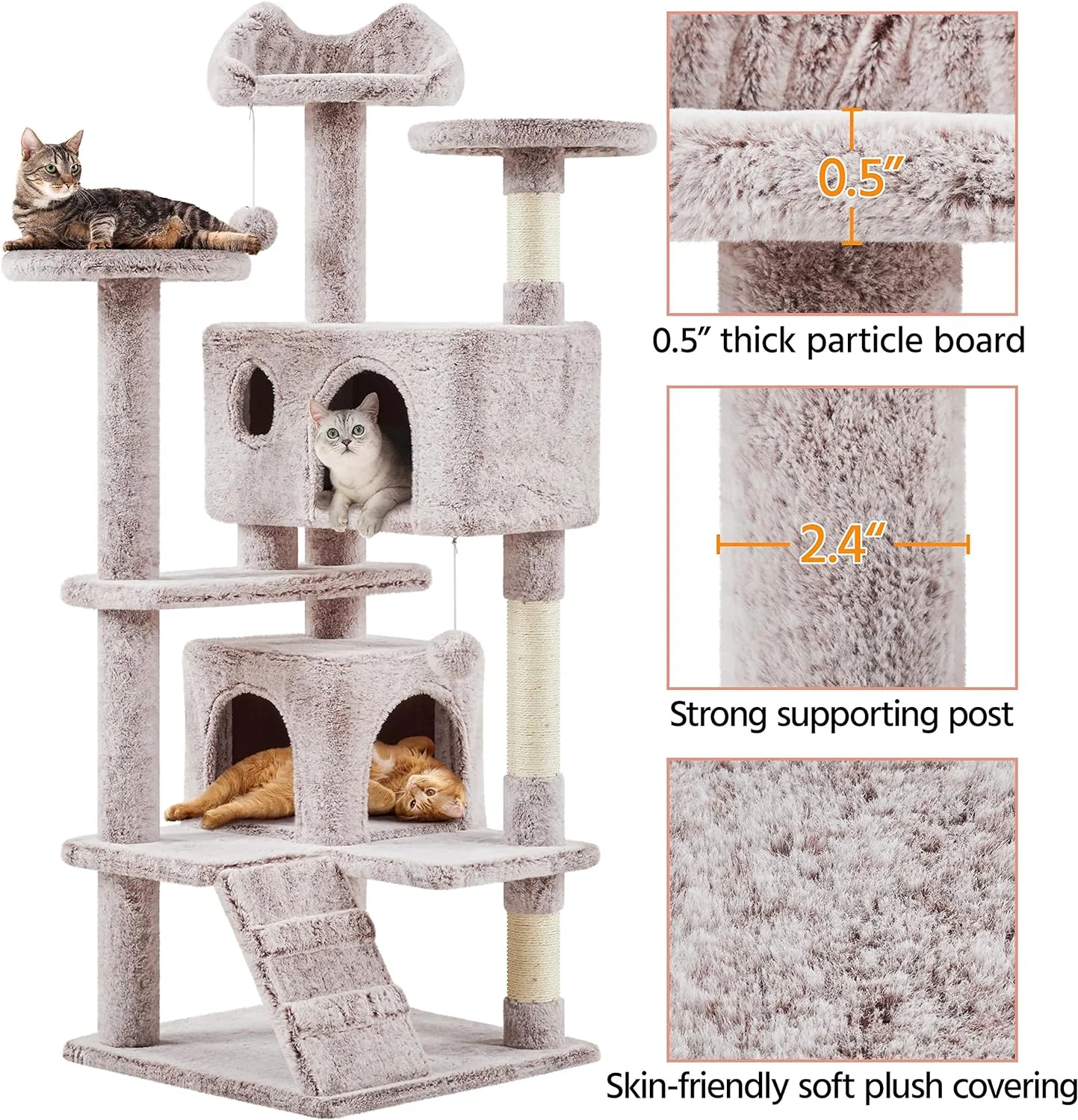 54in Cat Tree, Cat Tower with Double Cat Condo, Sisal Scratching Posts, and Dangling Balls, Cat Furniture Kitten Play House