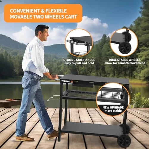 Outdoor Grill Cart Three-Shelf Grill Table Movable BBQ Trolley Food Prep Carts Solid Steel Multifunctional Worktable Island with Two Wheels, Hooks, Black