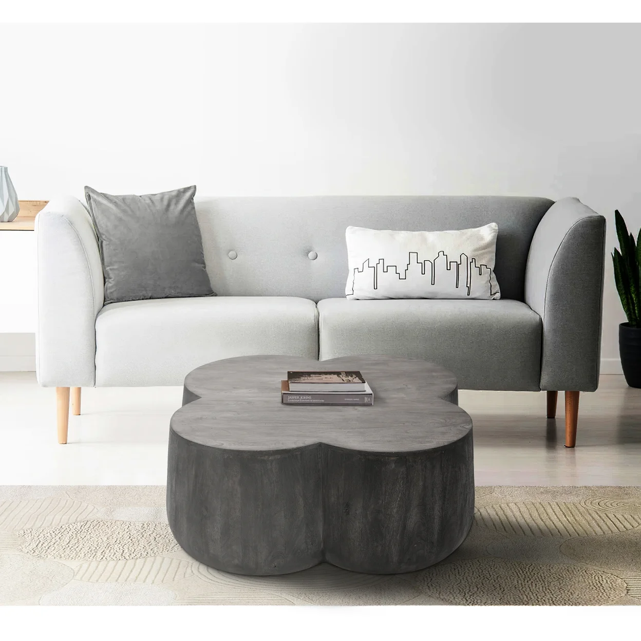 36 Inch Artisanal Classic Coffee Table Clover Leaf Drum Shaped Mango Wood Frame Gray - Saltoro Sherpi