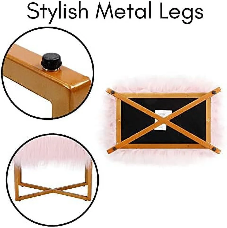 CGFHYP Rectangular White Faux Fur Foot Stool Ottoman with Gold Legs - Vanity Chair - Soft Compact Padded Seat - Bedroom and  Room Chair - Metal - Fluffy  Seat