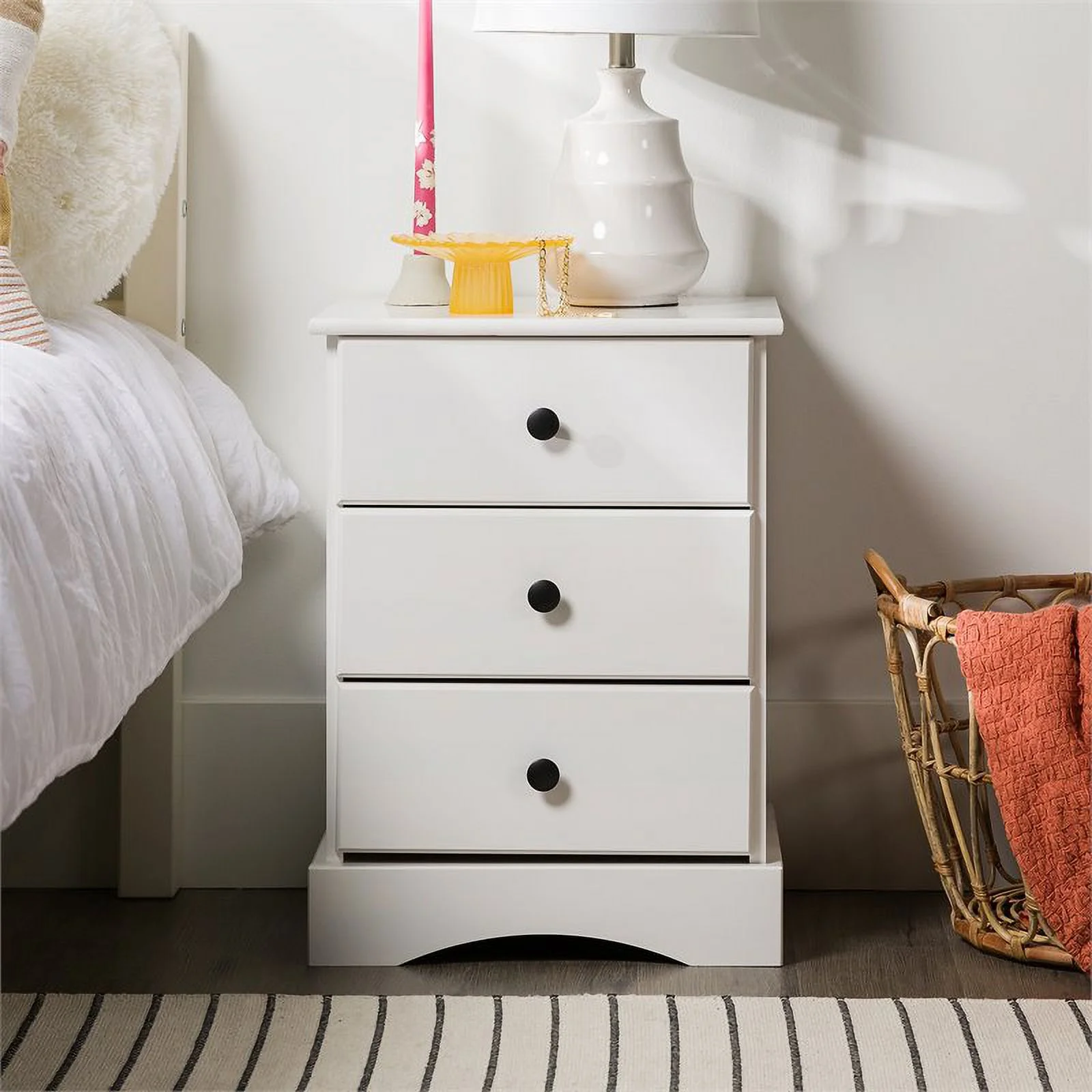 Classic 3 Drawer Solid Wood Top Bedroom Nightstand in White