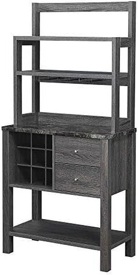 2 Drawer Serving Bar With Wine Rack And Shelves, Black Faux Marble/Wead Gy