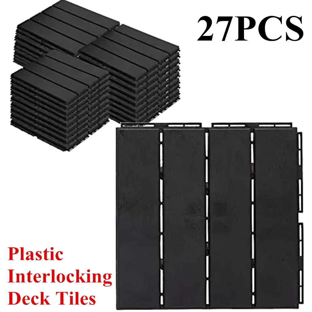 TOPCHANCES Patio Floor Tiles - Set of 27 Plastic Interlocking Deck Tiles Indoor & Outdoor for Patio Garden Deck Poolside 12''x12''  (Dark Grey)