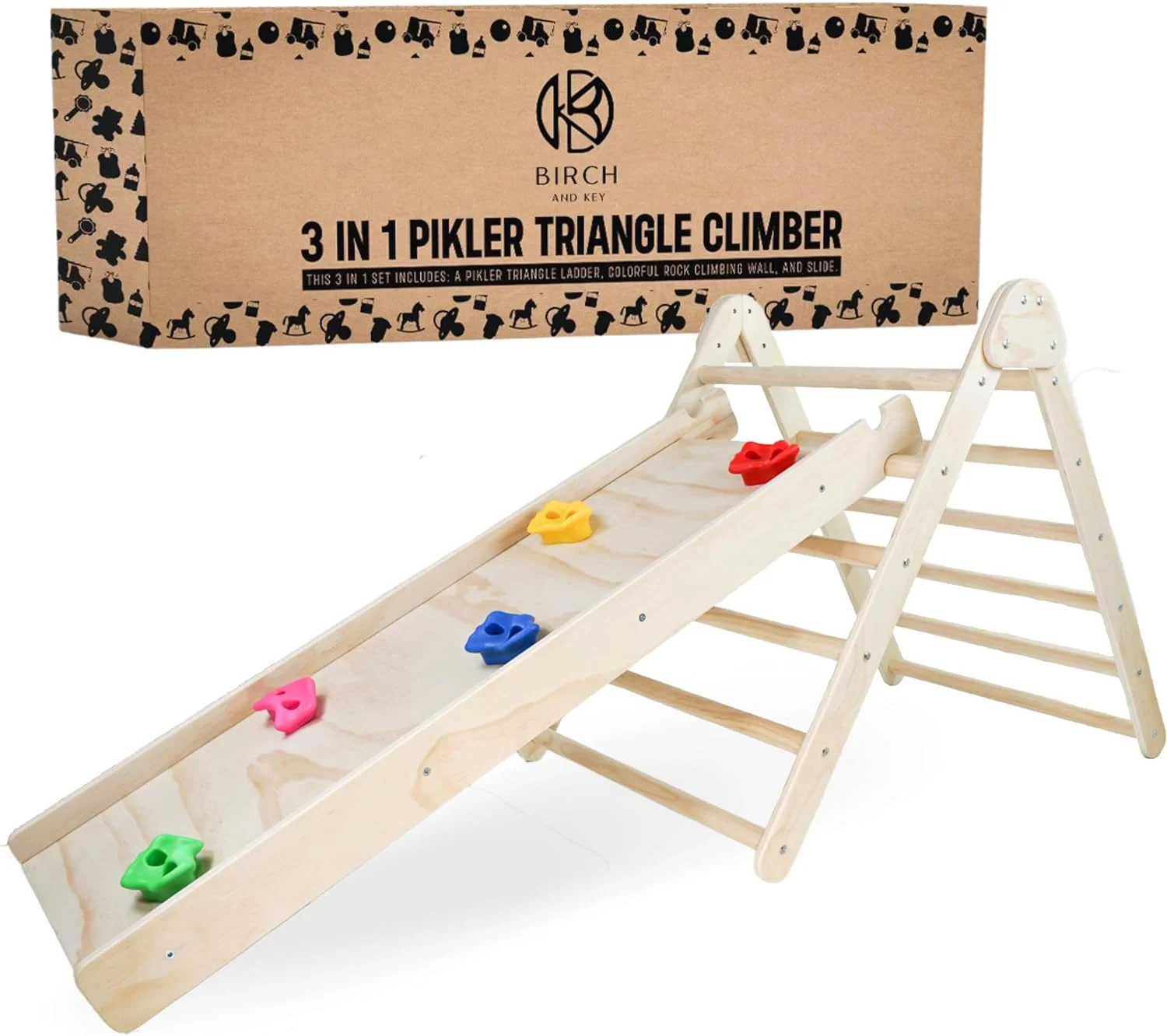 3-in-1 Pikler Triangle Set with Slide - Montessori Climbing Set - Wooden Indoor Playground - Climbing Toys for Toddlers - Pikler Triangle Ladder, Rock Climbing Wall & Slide - Baby Jungle Gym