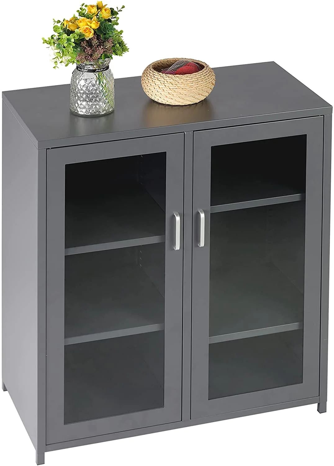GVJMTKP Glass Display Cabinet Kitchen  Cabinet  Sideboard Buffet Cabinet  Floor  Cabinet with Double Glass Doors 4 Adjustable Shelves  Suitable for Living Room  Entryway  Kitchen- Gray