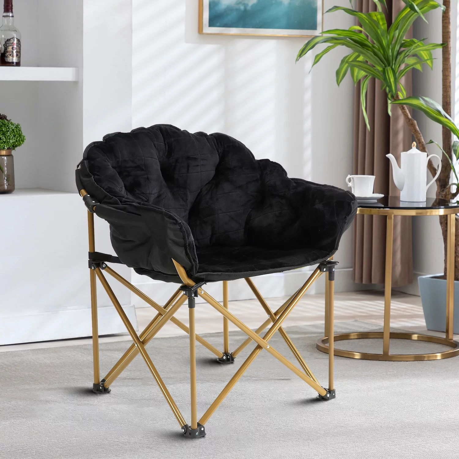 Lightweight and Foldable Faux Fur Saucer Chair with Steel Frame, Black