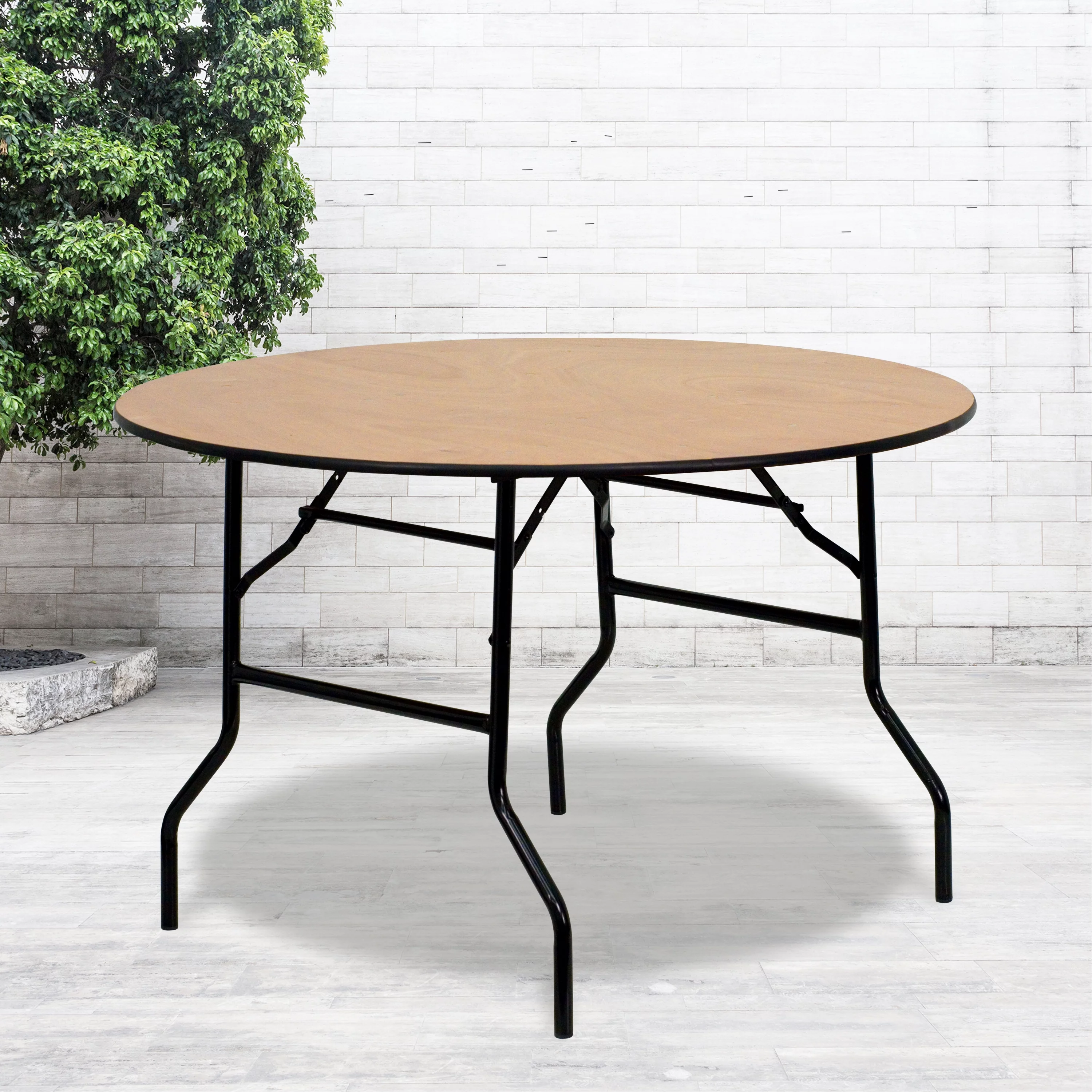 Emma + Oliver 4-Foot Round Wood Folding Banquet Table with Clear Coated Finished Top