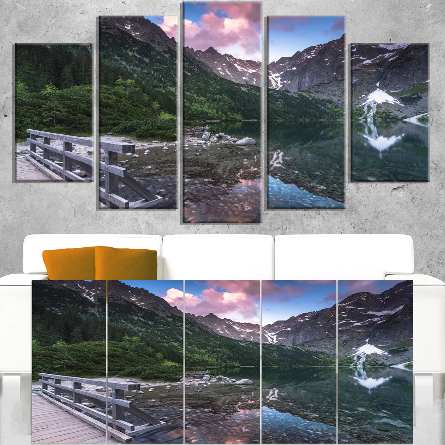 DESIGN ART Wooden Foot Bridge Over Lake - Landscape Art Print Canvas - Multi-color 60 in. wide x 32 in. high - 5 Panels Diamond Shape
