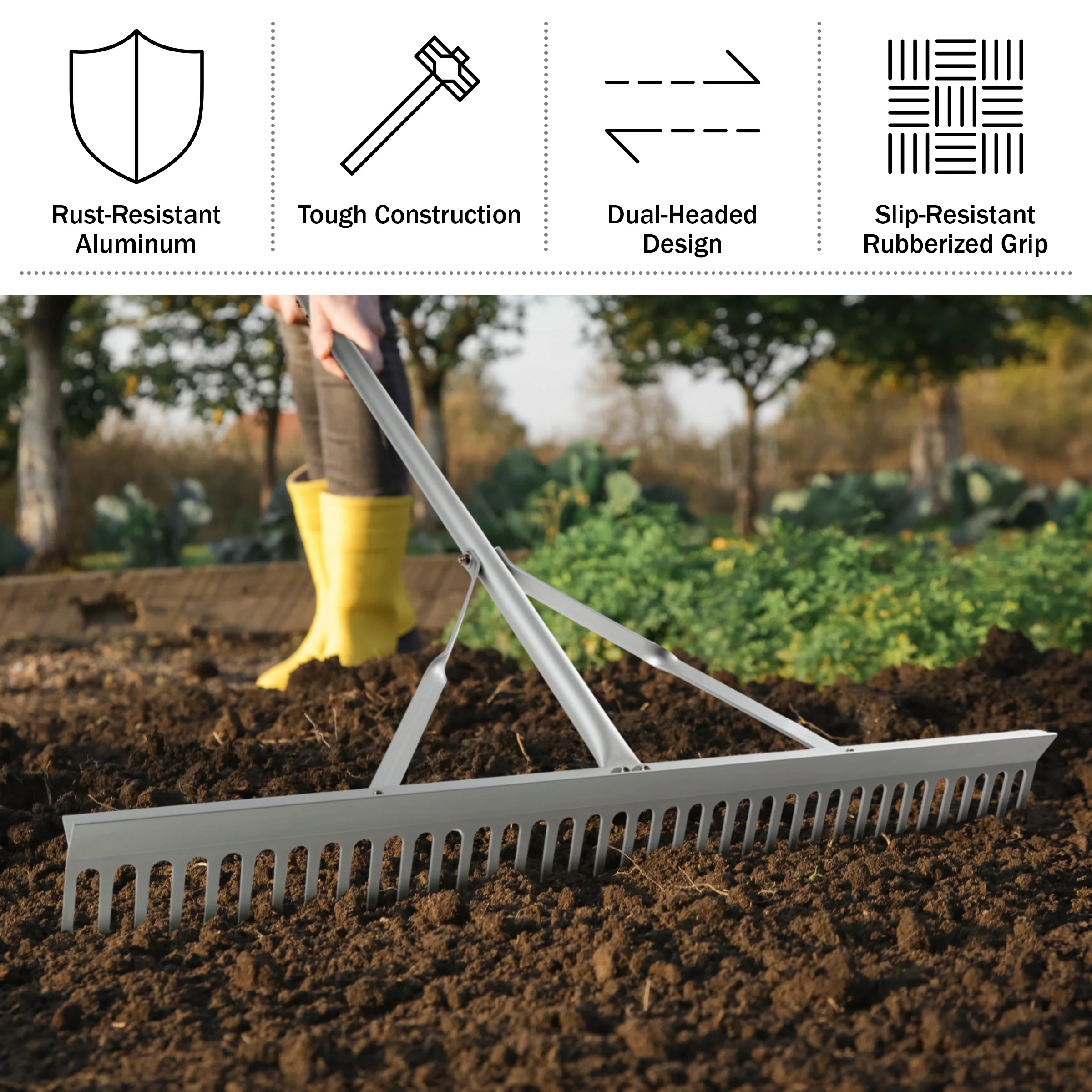 Pure Garden 36in Landscape Rake - Aluminum Metal Rake and Lawn Care Gloves