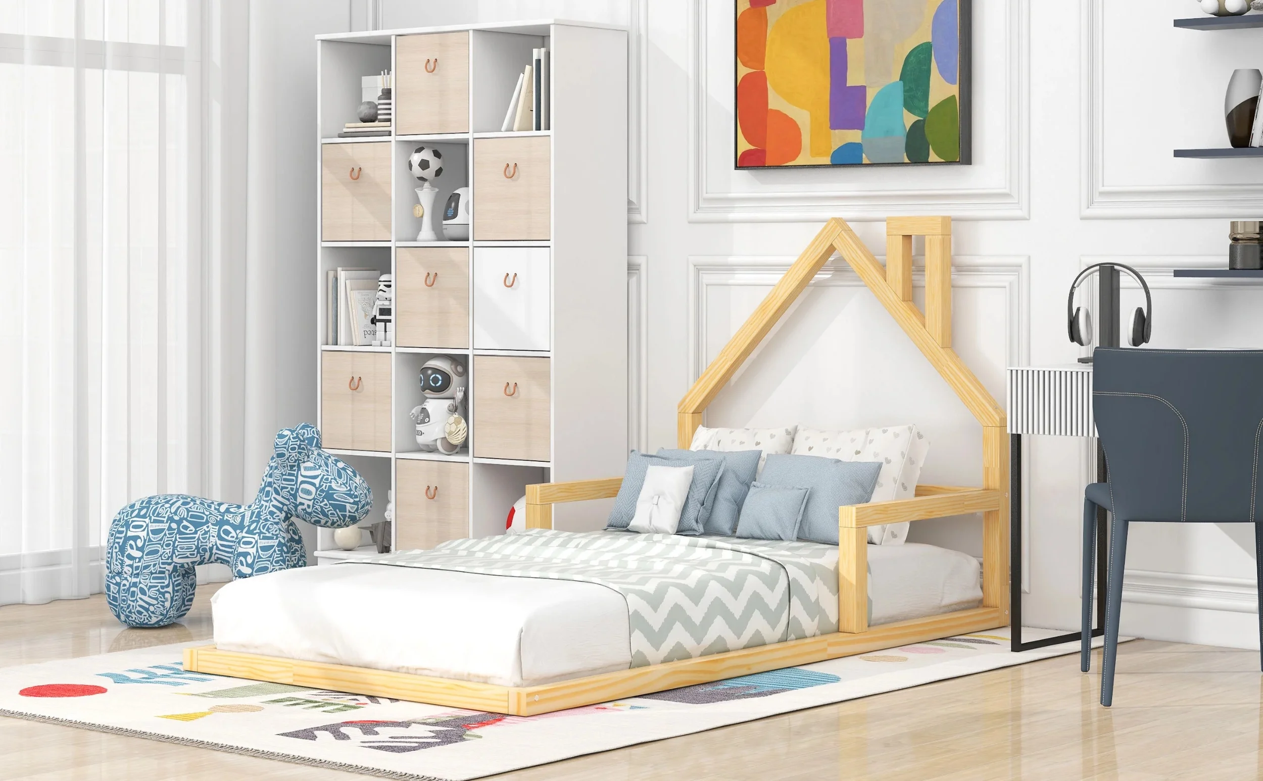 Living Pavilion Twin Size Wood Floor Bed with House-shaped Headboard, Natural