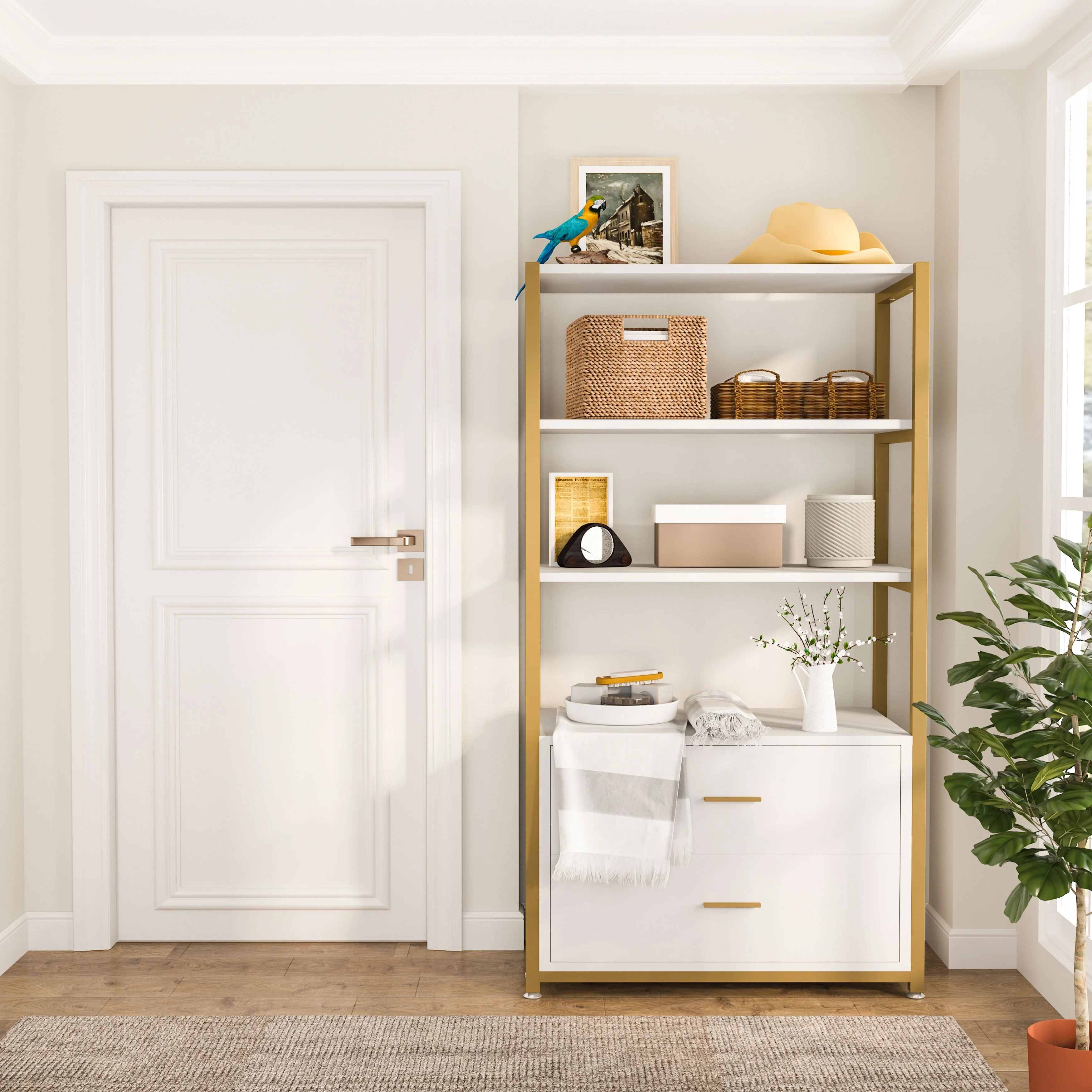 Brown Industrial Bookshelf with 2 Drawers, 5-Tier Bookcase with Open Shelf, Display Decorative Shelf for Living Room Office White/Gold Wood Finish,