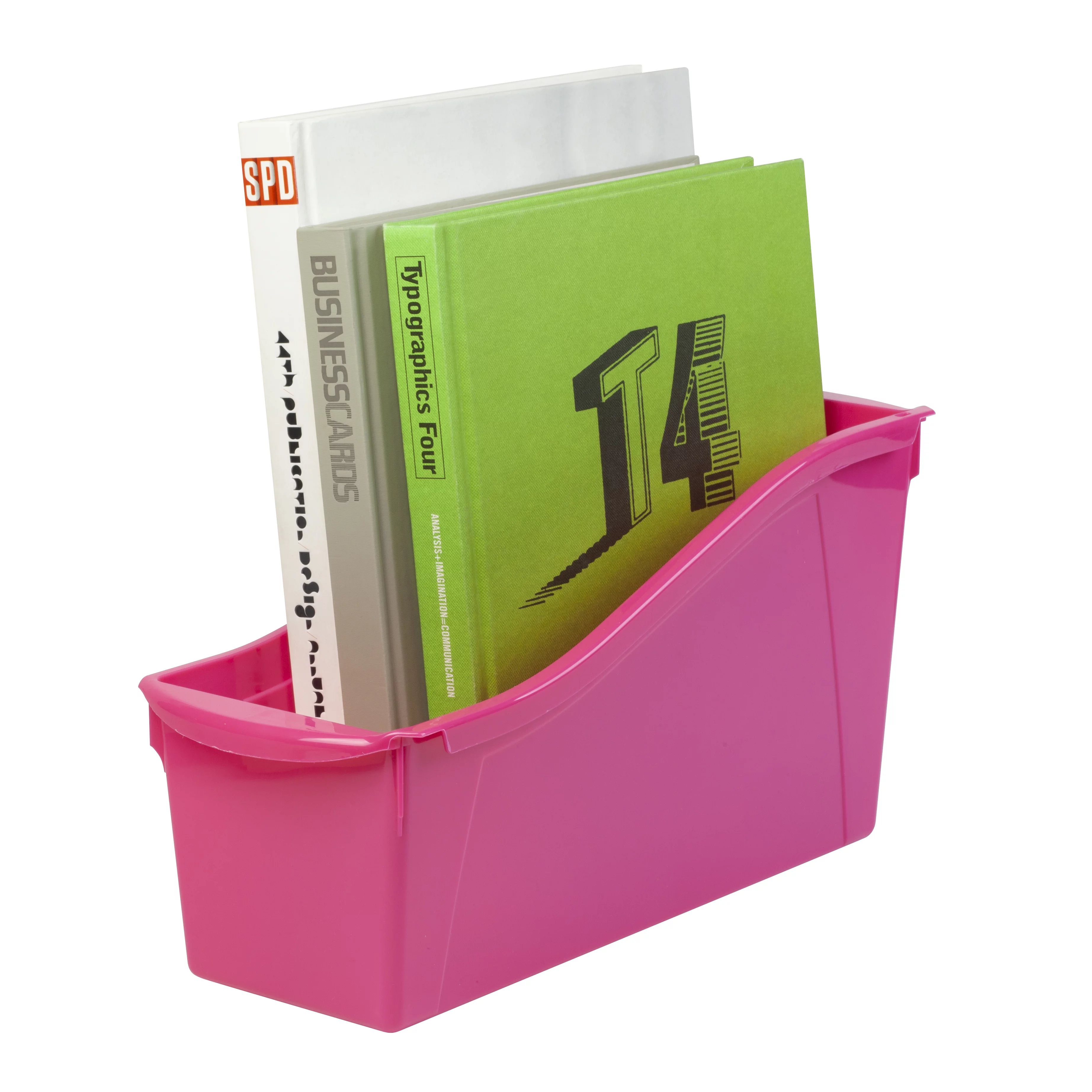 Pen+Gear Plastic Desktop Book Organzer Bin with Label Pocket, Fuchsia Burst, 6-Pack