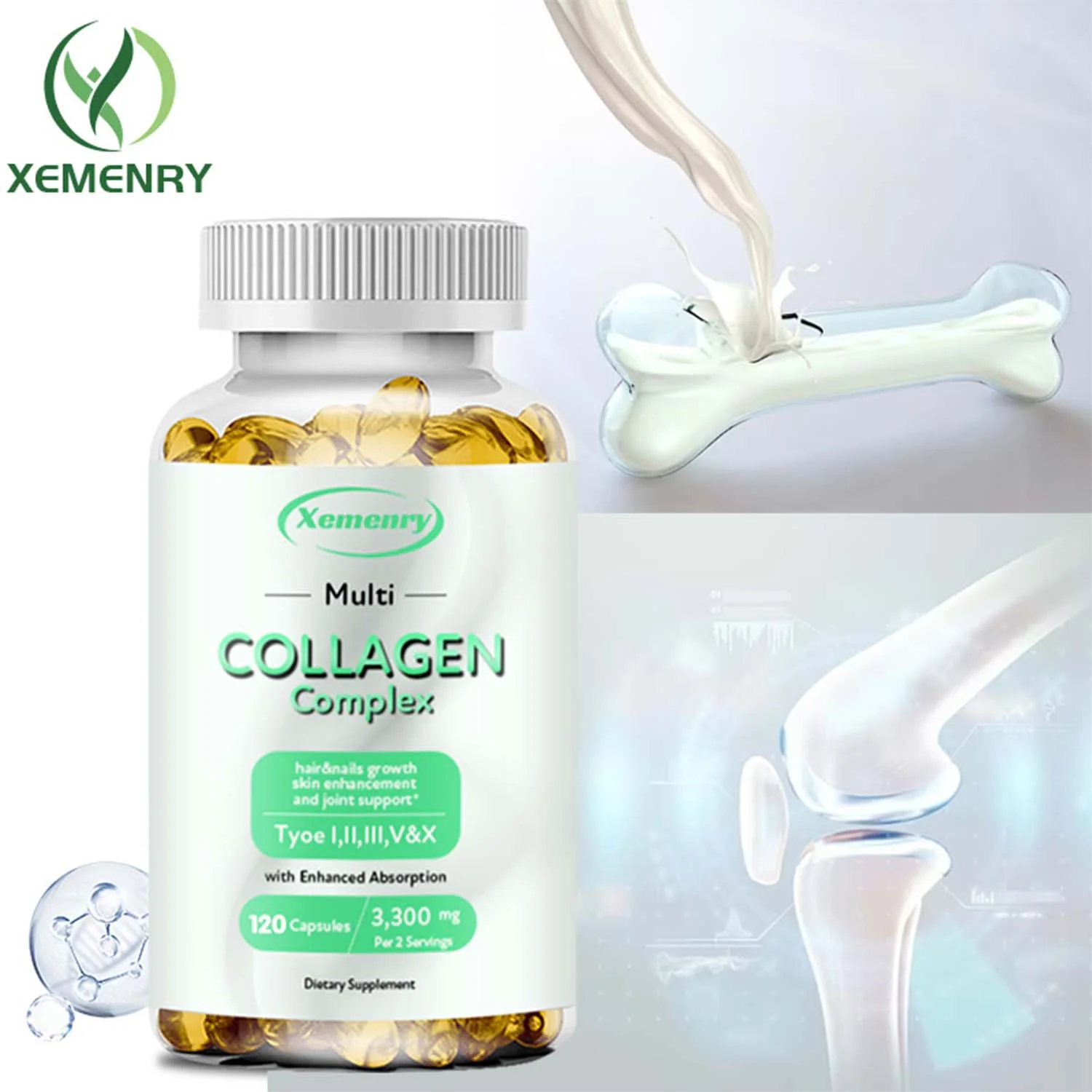 Xemenry Collagen Complex 3300mg-Type I, II, III, V, X -Hydrolyzed Collagen, Anti-Aging(30/60/120pcs)