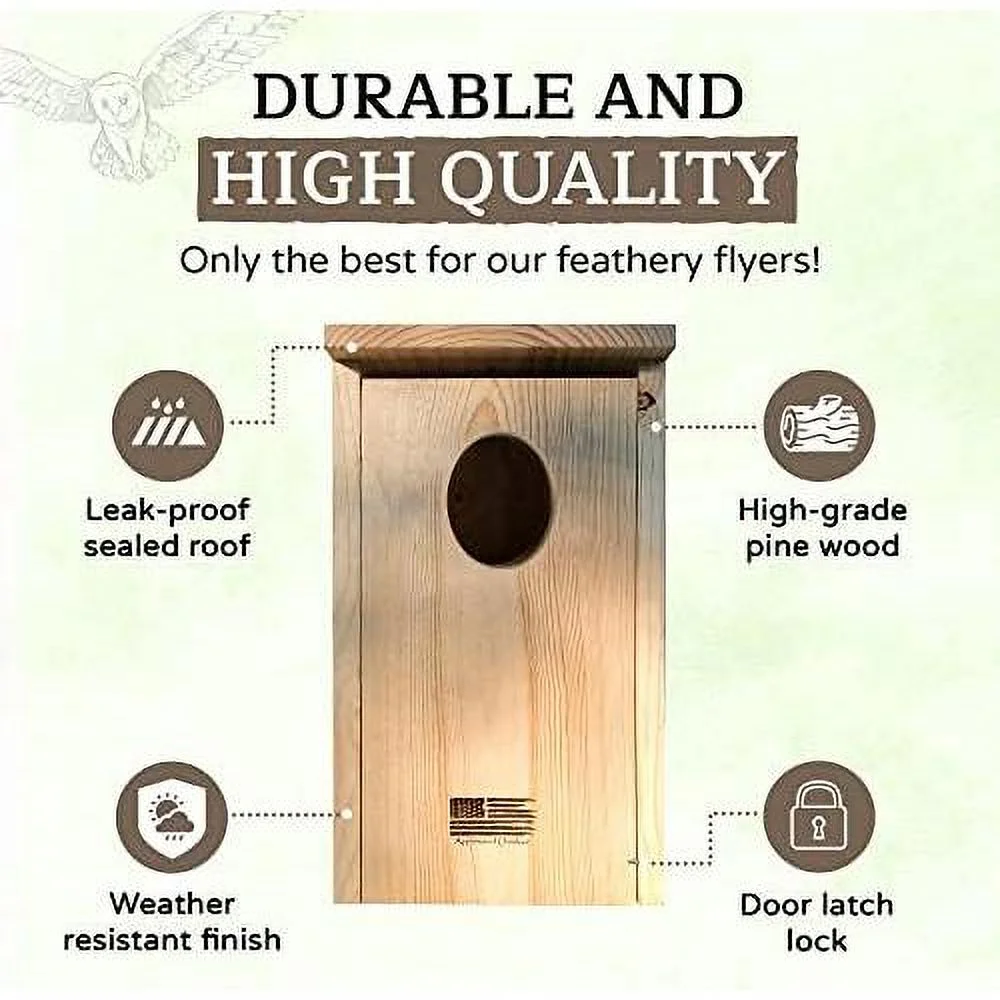 Made In USA, Wood Owl House With Oval Opening, Kestrel Houses For Outside, Easy-To-Install Nesting Boxes For Screech Owl, Boreal Owl, Northern Saw Whet Owls, American Kestrels -