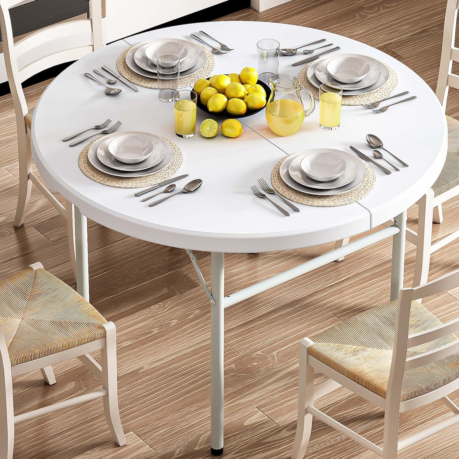 48 Inch Round Folding Table for Outdoor/Indoor, Heavy Duty Folding Plastic Table w/Thick Table Top and Sturdy Metal Frame, Ideal for Party Picnic Camping BBQ Events, White