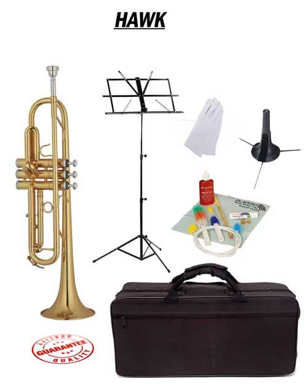 Hawk Lacquer Bb Trumpet School Package with Case, Music Stand, Trumpet Stand and Cleaning Kit