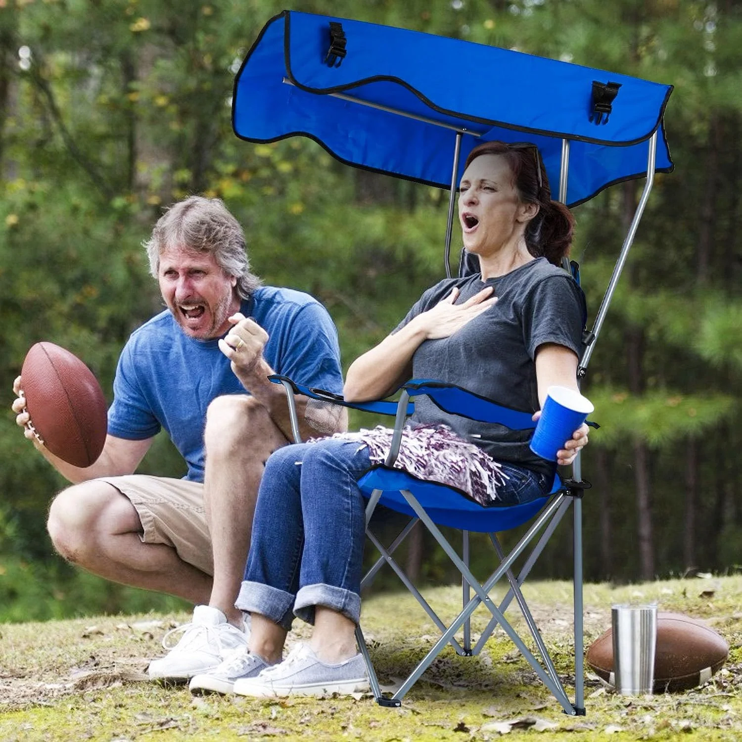 Folding Chair for Outside Camping Chair Foldable Canopy Chair with Shade Sun Protection Camping Recliner a Carrying Bag with Cup Holder for Fishing/Beach/Poolside/Travel(Blue)