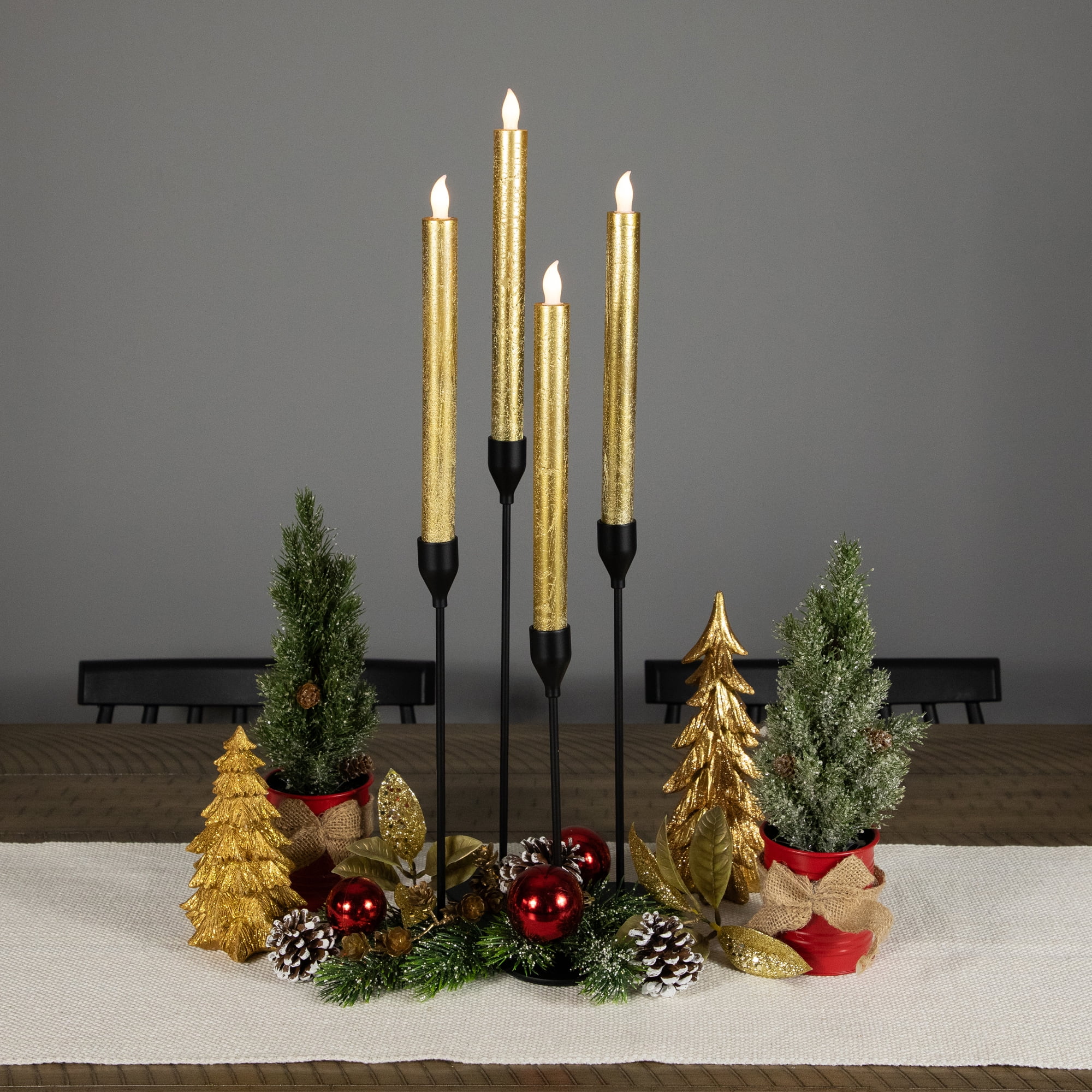 Set of 4 Textured Gold-tone LED Flameless Flickering Taper Candles 9.5