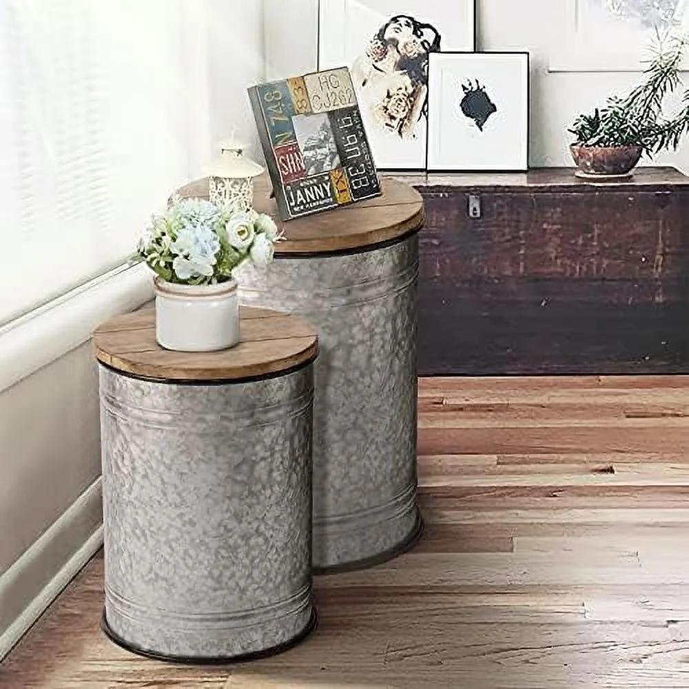 FDSHOIYN Rustic  Bins Farmhouse End Table Farmhouse  Galvanized Metal Stool Ottoman Seat with Round Wood Lid