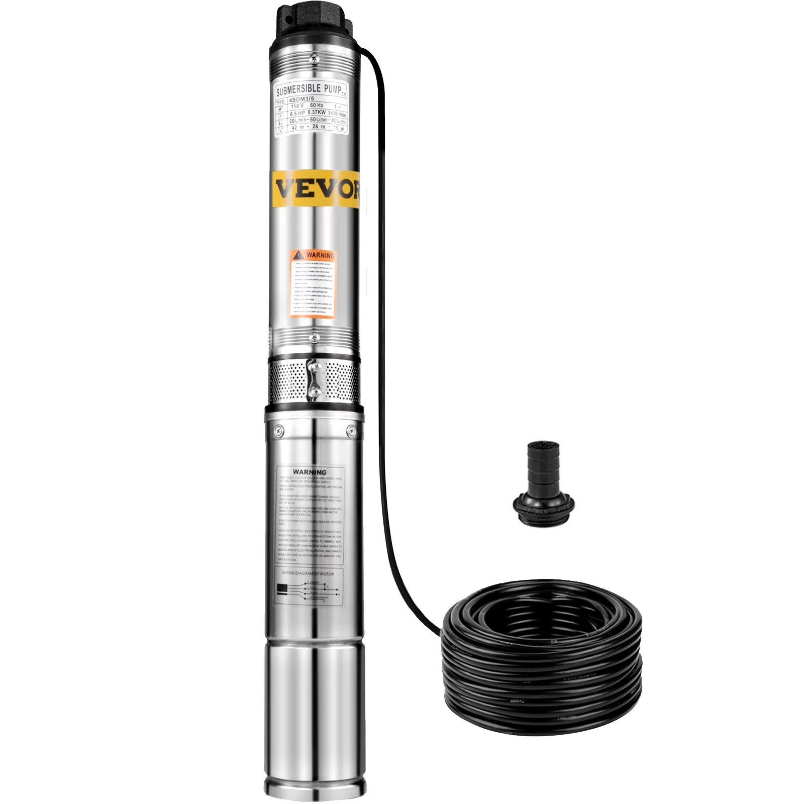 VEVORbrand Deep Well Pump 1/2 HP with 49.2ft Cable - Submersible Well Pump 164ft Head 22.9GPM - Deep Well Pump Stainless Steel for Factories, Farmland, Irrigation Use