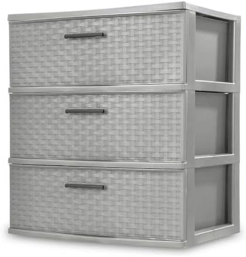 CHNBVC 3 Drawer Wide Plastic Weave Tower with Pull Handles Decorative  Drawers for Bedroom  Closet  Office  Cement  1-Pack