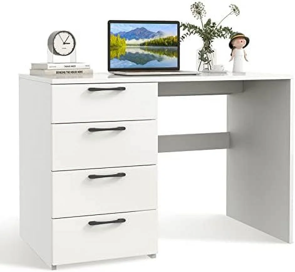 xrboomlife White Computer Desk with 4 Large Drawers  Home Office Laptop PC Desk  Writing Table  Modern Computer Workstation for Bedroom Study Room
