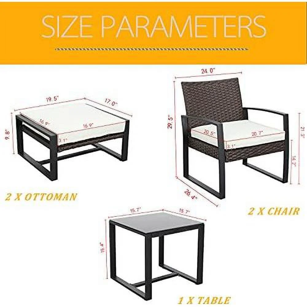 Patio Conversation Set 5 Pieces Outdoor PE Wicker Rattan Sofa Furniture Cushioned Chairs And Ottomans With Tempered Glass Coffee Table, White