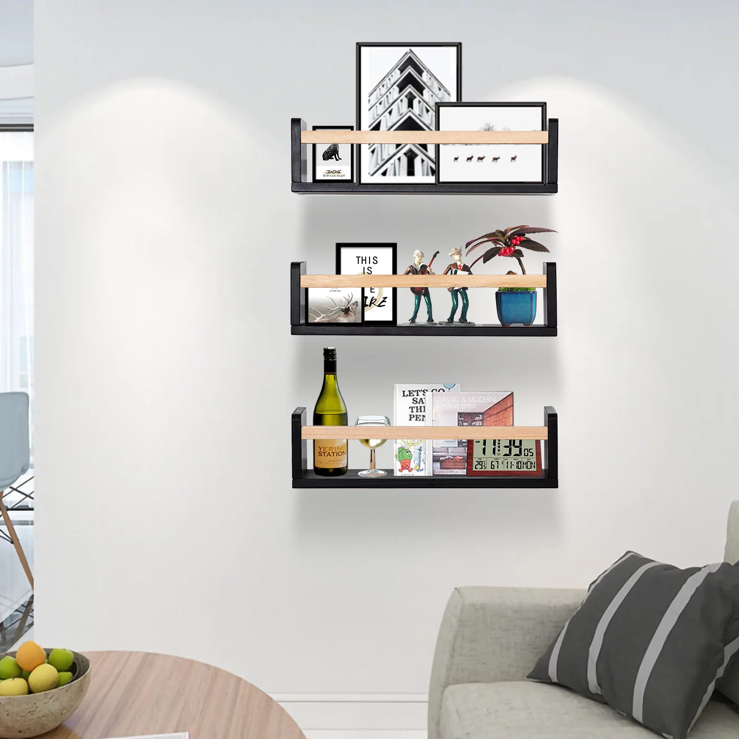 Black Wood Nursery Book Shelves 16 In Floating Wall Bookshelf Toddler Kids Children Room Shelves for Toy Book Picture Frames Storage Wooden Ledge Display Shelves a Set of 3