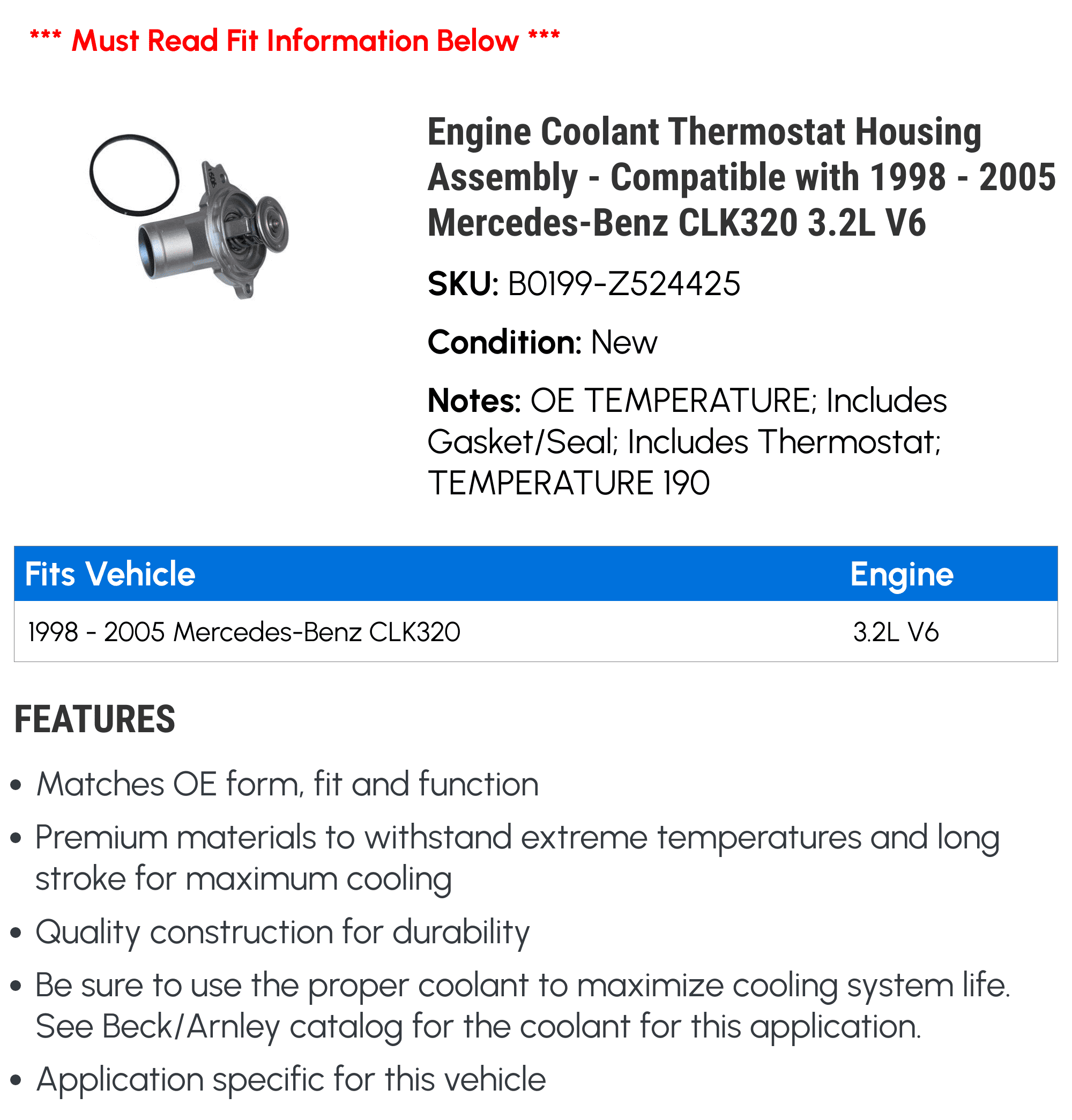 Engine Coolant Thermostat Housing Assembly - Compatible with 1998 - 2005 Mercedes-Benz CLK320 3.2L V6 1999 2000 2001 2002 2003 2004