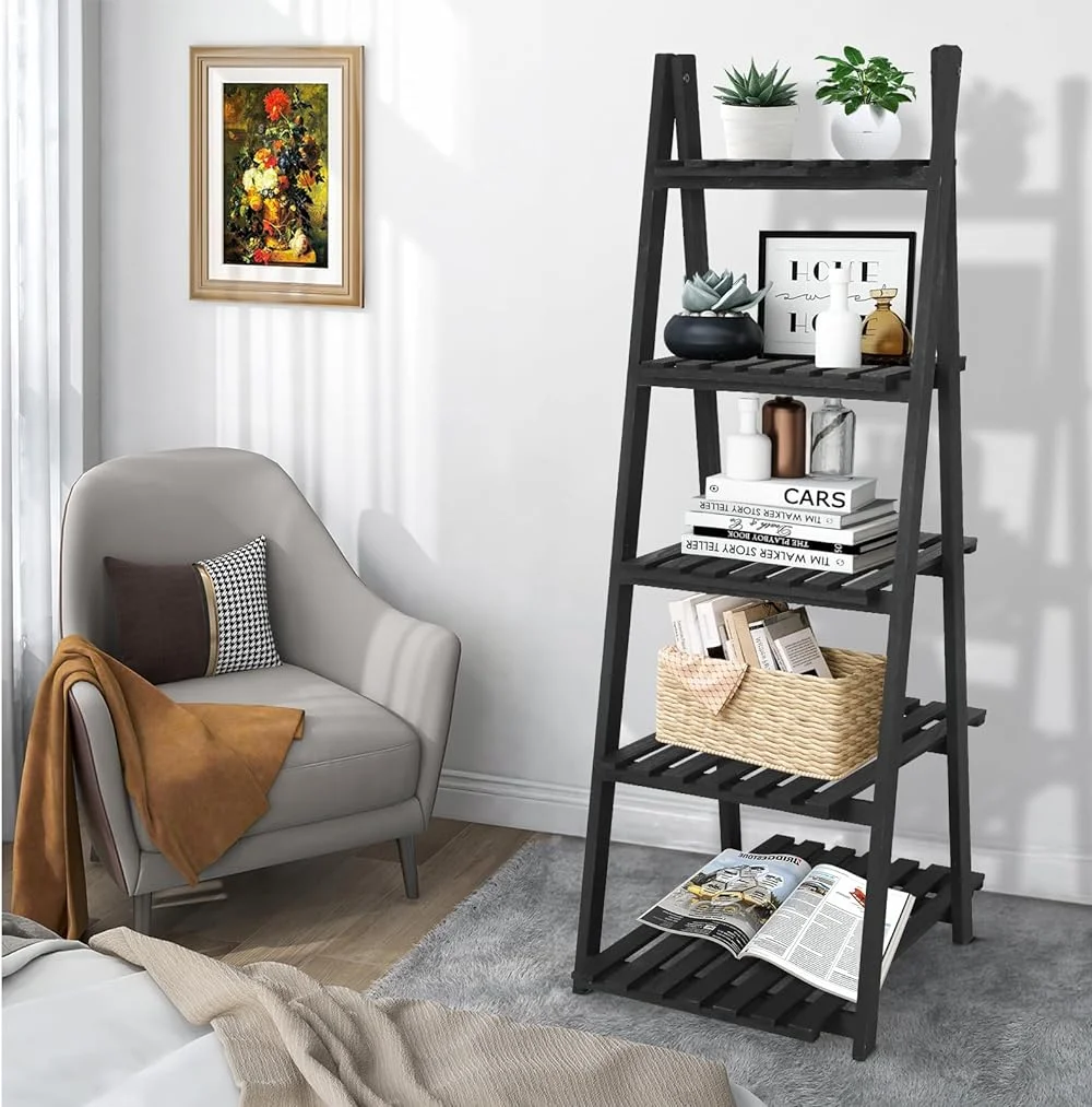 CHGBV Ladder   5-Tier Wooden Plant Shelves  Rustic Flower Display Rack  Freestanding  Rack  Indoor Flowerpot Stand Ladder Bookshelf  Room  Office  Bedroom  Balcony (Brown)