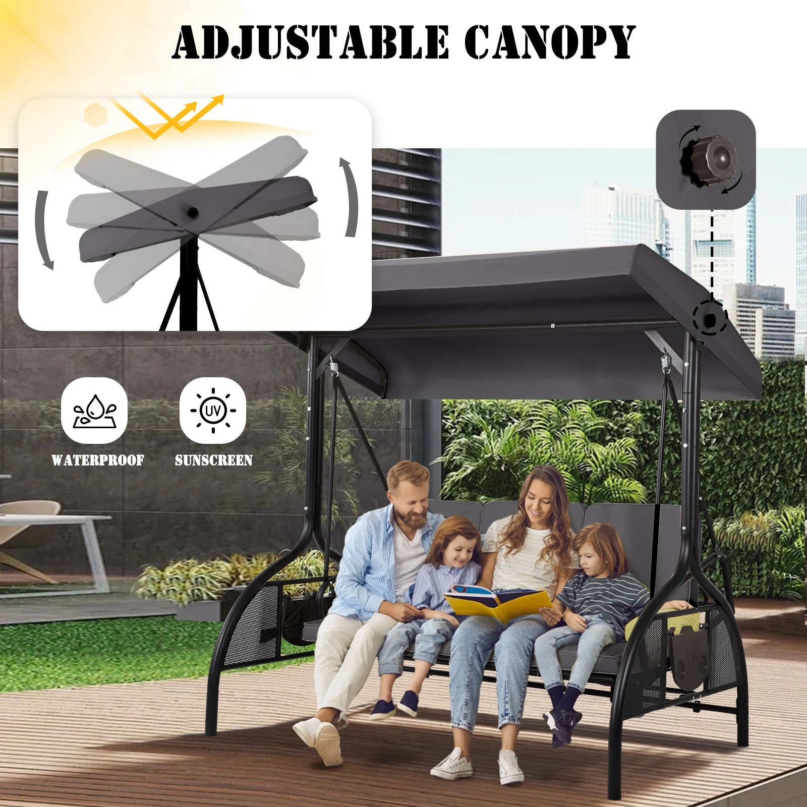 Haverchair 3-Seat Patio Porch Swing Outdoor Swing with Adjustable Canopy and Backrest, Thickened Cushion, Pillow and Foldable Side Tray for Patio, Backyard, Porch Swing Bed for Spring,Gray