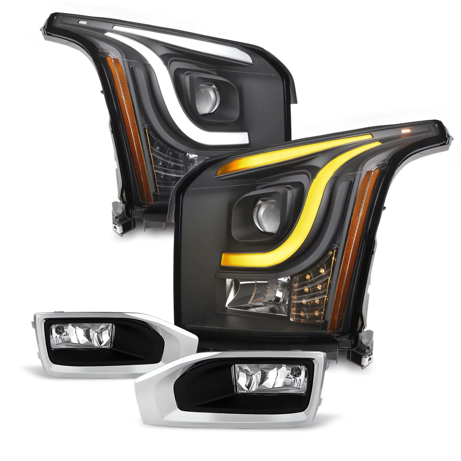 AKKON - For GMC Yukon / Yukon XL 2015-2018 Switchback  LED DRL Bar Projector Headlights Black Housing & Chrome Fog Lights