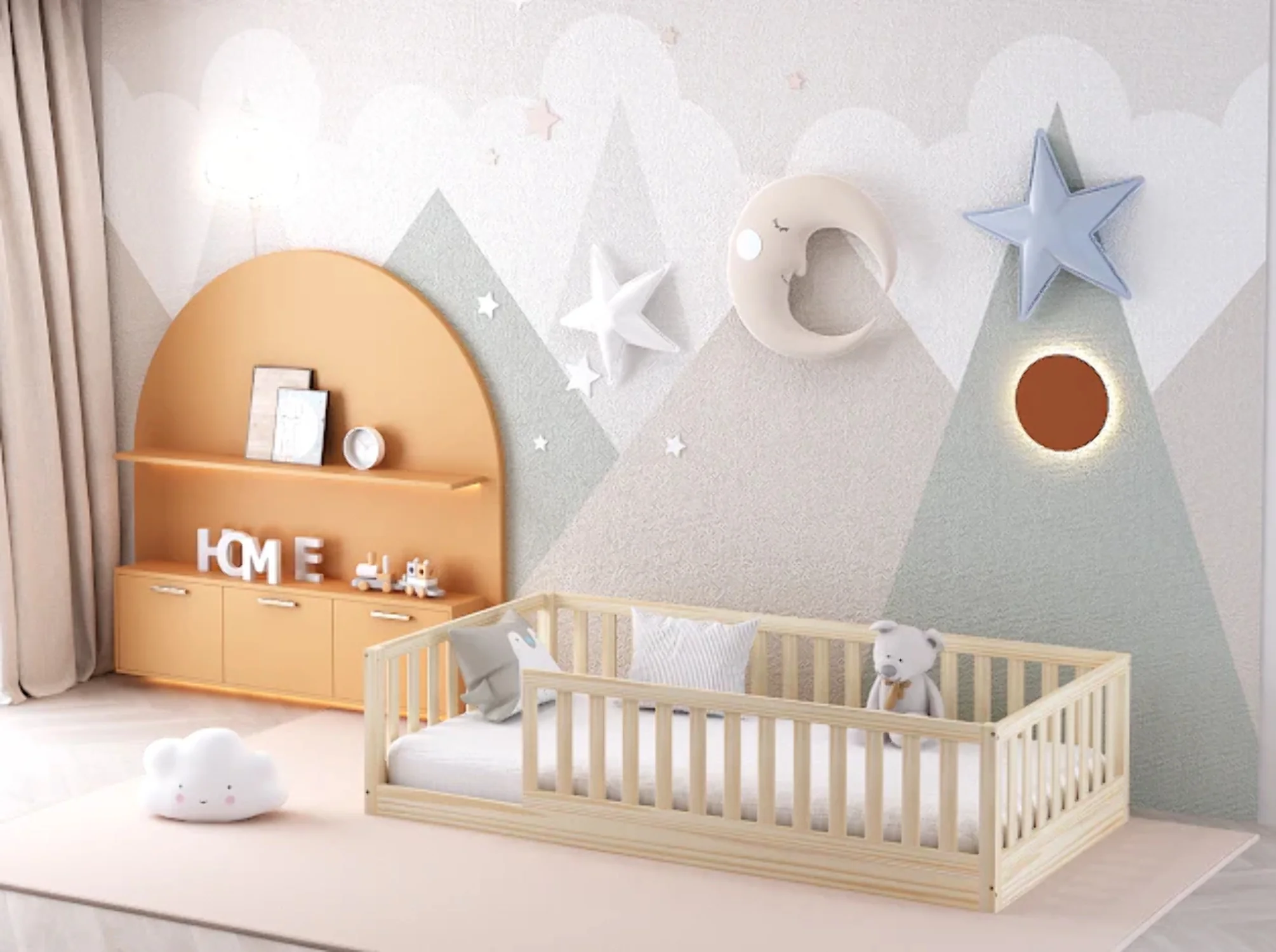 Custom Kids Furniture Levi Twin Size Montessori Floor Bed with Rails and Slats for Toddlers