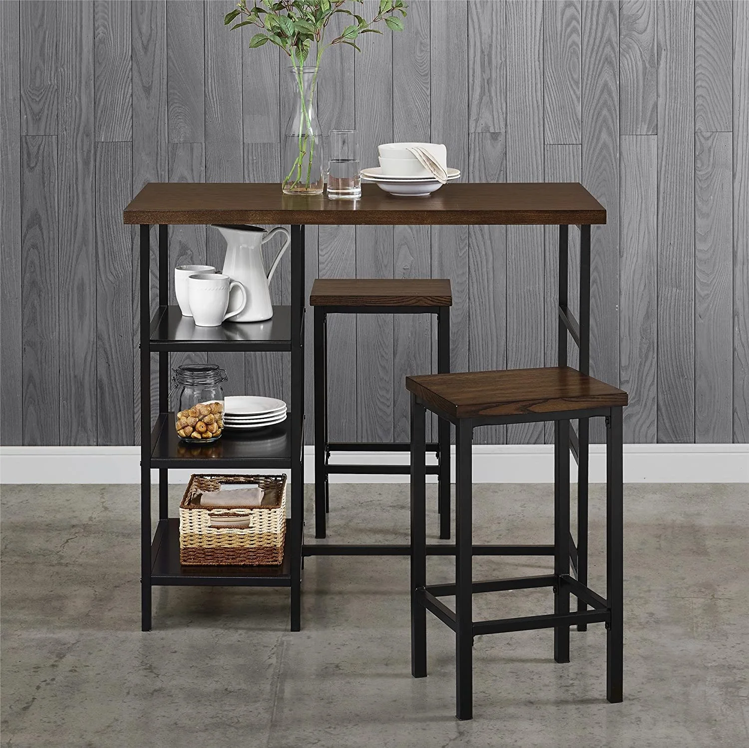 TJUNBOLIFE Cosmo 3-Piece Metal Pub Set With Wood Top  Dark Mahogany